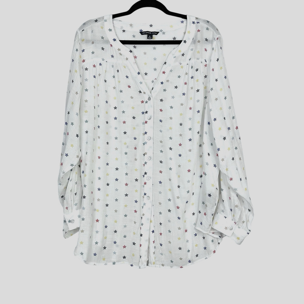 Zac & Rachel White Novelty Star Print Long Tab Sleeve Button Top Women's Size 2X
